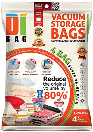 DIBAG ® 4 Space Saver Vacuum Storage Bags - Premium Travel Space Bags - Bag Size: L 70 x 50cm - Double Sealed Compression Plastic Bags For Clothing Storage, Bedding & Packing