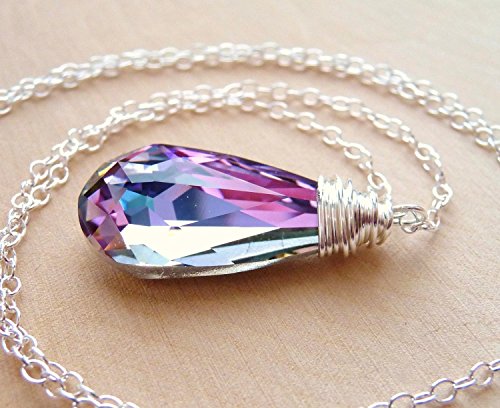 Swarovski Purple Pink Crystal Teardrop Pendant Necklace, Wire Wrapped Prism Sterling Silver Necklace