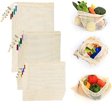 Foraineam 12 Pack 3 Sizes Reusable Produce Bags Cotton Bags with Drawstring - Machine Washable Natural Cotton Mesh Bags