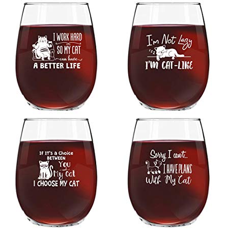 Funny Cat Stemless Wine Glasses Set of 4 | Hilarious Cat Gift Idea for Women, Pet Owners and Wine Lovers | 15 oz. Funny Cat Wine Glass with Cute Messages | Dishwasher Safe | Made in USA