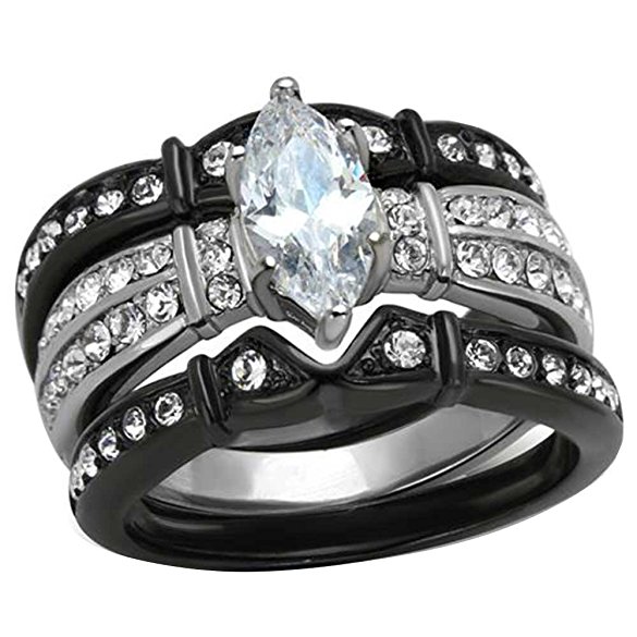 Black Stainless Steel Marquise Cubic Zirconia Wedding Ring Set Women Size 5-11 SPJ