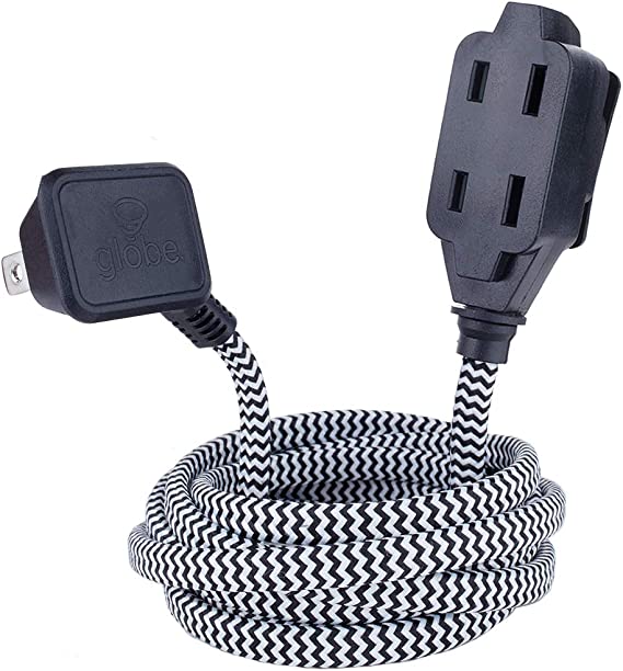 Globe Electric 22888 Designer Series 9-ft Fabric Extension Cord, 3 Polarized Outlets, Right Angle Plug, 125 Volts, Black and White