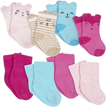 GERBER Baby Girls' 8-Pack Wiggle Proof Jersey Crew Socks