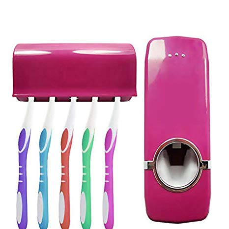 youeneom UV Toothbrush Sanitizer and Holder Wall Mounted AC Plug Family Toothbrush Cleaner for Bathroom with Automatic Toothpaste Dispenser, 5 Toothbrush Holder No Drill Need (Wine Red)