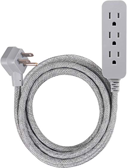 GE Pro 3 Outlet Surge Protector Power Strip, 15 ft Designer Braided Extension Cord, Flat Plug, Wall Mount, Heather Gray, 45915