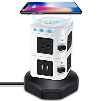 Power Strip Tower Wireless Charger - GLCON Surge Protector Electric Charging Station 3000W 13A 6 Outlet Plugs 4 USB Ports   6ft Extension Cord