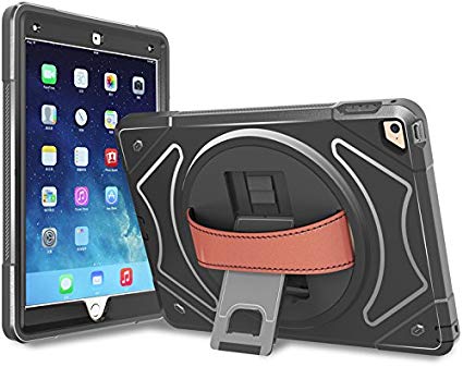 iPad Air 2 Case, Moona Hybrid Full Body 3 Layer Armor Protective ShockProof iPad Case Cover with Hand Grip and Rotating KickStand for Apple iPad Air 2 Case with Retina (Black)
