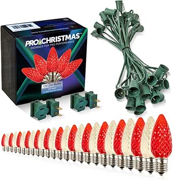 Pro Christmas C9 LED Christmas Lights Kit for Rooflines & Pathways – Cut to Length, Heavy Duty Commercial Grade (Green Wire w/Vampire Plugs, 25 Bulbs, 25 ft) Warm White & Red