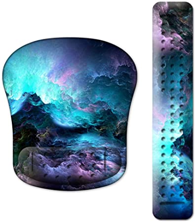 Anyshock Keyboard Wrist Rest and Ergonomic Mouse Pads with Wrist Support, Non Slip Rubber Base Wrist Support Comfortable Raised Memory Foam for Easy Typing and Relieve Wrist Pain, Blue Purple Nebula
