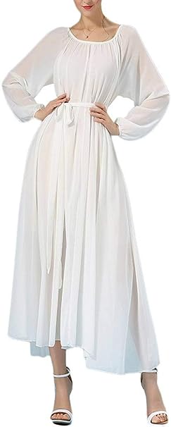 BUENOS NINOS Women's Long Sleeve Crew Neck Loose Chiffon Long Maxi Dress with Belt