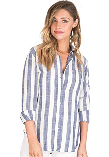 CAMIXA Women's Striped Shirt Casual Long Sleeve Button-Down Drapy Collar Blouse