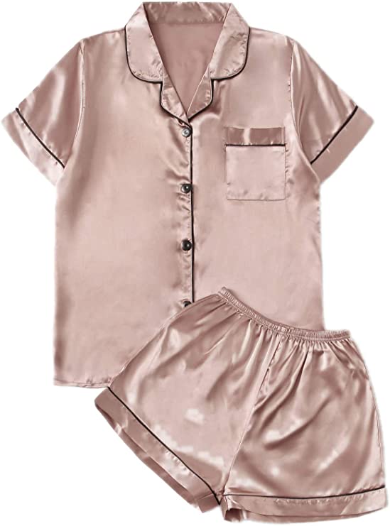 DIDK Women's Sleepwear Satin Short Sleeve Button Front 2 Piece Pajama Set