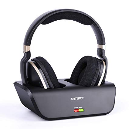 ARTISTE Wireless TV Over Ear Digital Stereo Headphones with optical for Smart TV, 2.4GHz RF Transmitter and Charging Station, 100 foot Range and Rechargeable 20 Hours Battery, Black and Gold
