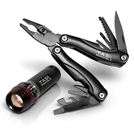 TAS Accessories 13-in-1 Multitool & LED Flashlight Set – Best Gift Idea for Dad, Brother, Friend or Every Men and Guys Ideal Birthday or Anniversary Present – Already Packaged in Unique Black Box