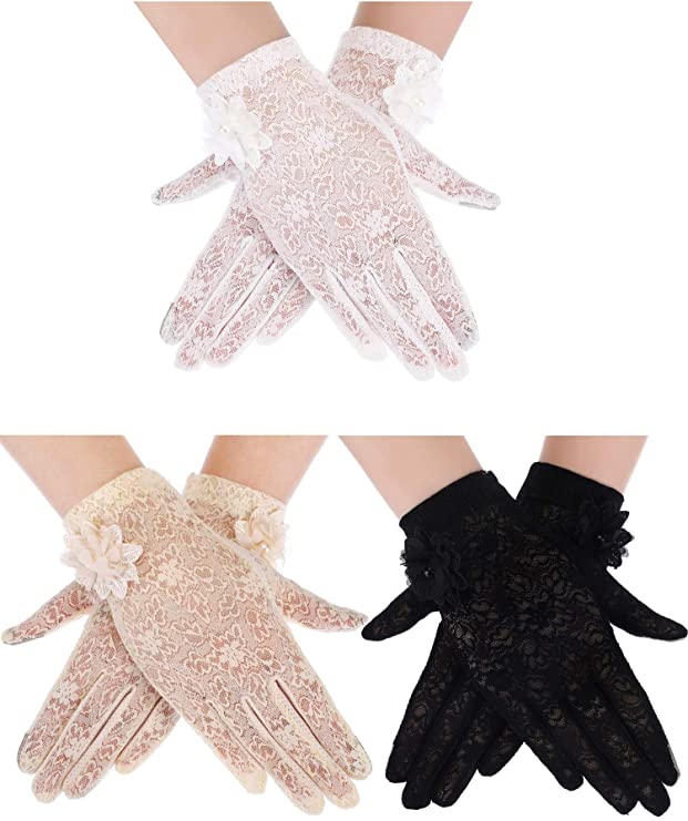 3 Pairs Women Lace Gloves Floral Lace Gloves Sun Protection Lace Gloves Dressy Gloves for Wedding Dinner Parties (Flower Style)