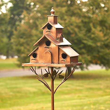 Zaer Ltd. Large Copper Colored Multi-Birdhouse Stakes, Room for 4 Bird Families in Each (Church Style with Cascading Roof)