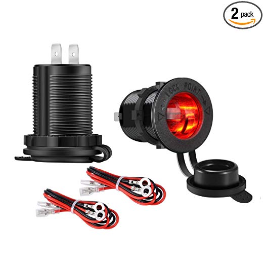 YonHan 2-Pack 12V Cigarette Lighter Socket Power Outlet Receptacle with LED Indicator and Wire Fuse DIY Kit for Car Marine Motorcycle ATV RV Scooter and More – Red