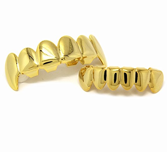 New Custom Fit 14k Gold Plated Hip Hop Teeth Fangs Grillz Caps Top & Bottom Grill Set