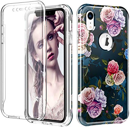 Hocase iPhone XR Case, Hard Plastic Front Casing with Screen Protector High-Impact Soft TPU Back Cover 2-Piece Shockproof Full Body Protective Phone Case for iPhone XR 2018 - Colorful Rose Flowers