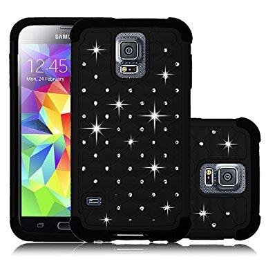 Galaxy S5 Case, HengTech (TM) Diamond Studded Bling Crystal Rhinestone Dual Layer Hybrid Cover Silicone Rubber Hard Case For Samsung Galaxy S5 I9600 (Verizon, AT&T Sprint, T-mobile) (Black)