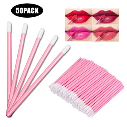 50 PCS Lip Brush Lipstick Gloss Wands Applicator Make Up Tool Disposable, Pink