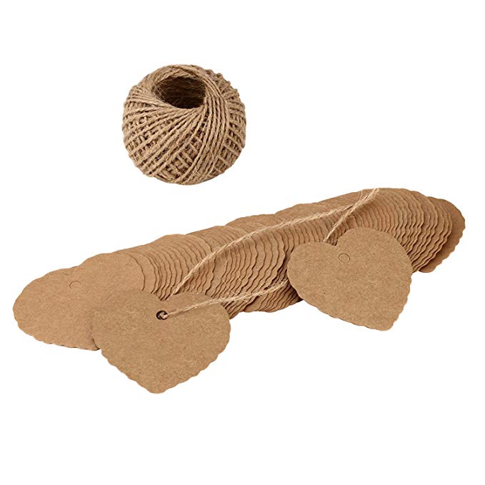 Tenn Well Scalloped Heart-Shaped Gift Tags, Kraft Paper Blank Hang Tag with Jute String for Wedding Party Christmas Valentine's Day(100PCS)
