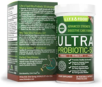 Life & Food Ultra Probiotic 50 Billion CFU w/ Sunfiber Prebiotics - Once Daily Time Release Caps, Moisture Protection Packaging…