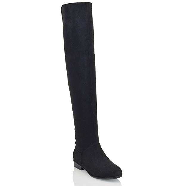 ESSEX GLAM Womens Flat Over The Knee Boots Faux Suede Thigh High Biker Style Shoes