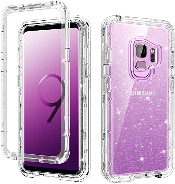 DUEDUE Samsung Galaxy S9 Case, S9 Phone Case, Clear Glitter Heavy Duty 3 in 1 Shockproof PC TPU Bumper [Transparent Design] Bling Full Body Protective Phone Case for Samsung Galaxy S9, Crystal Clear