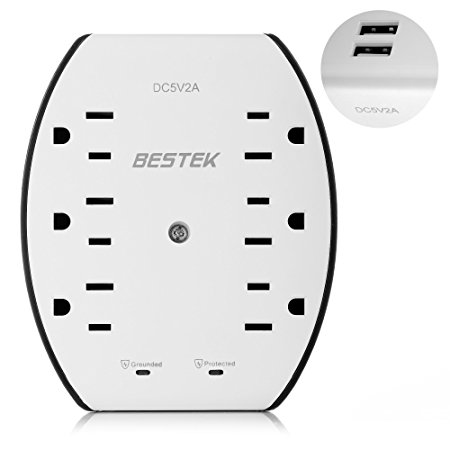 Wall Outlet with USB by BESTEK, Surge Protector Power Outlet Extender with 6-Outlet and 2 USB Charging Ports, 600 Joules, 1875W