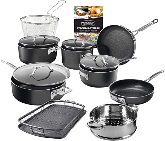 GRANITESTONE Stackmaster 15 Piece Induction-compatible, Nonstick Cookware Set, Scratch-Resistant, Granite-coated Anodized Aluminum, Dishwasher-Safe, PFOA-Free As Seen On TV