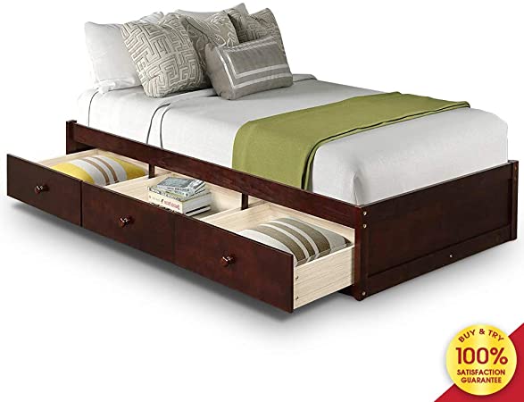 Hooseng Twin Size Platform Storage Bed with 3 Drawers,No Box Spring Needed, Brown Cherry
