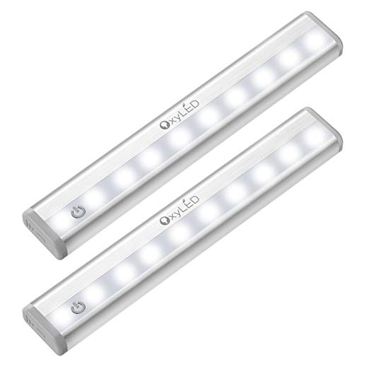 OxyLED Closet Lights,Touch Light,10 LED Dimmable Touch Tap Light,Stick-on Anywhere Push Light,Cordless Touch Sensor LED Night Light,Stair Lights,Safe Light with Magnetic Strip(2 Pack,Battery Operated)