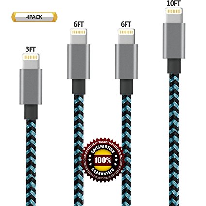 BULESK iPhone Cable 4Pack 3 6 6 10FT Nylon Braided Certified Lightning to USB iPhone Charger Cord for iPhone 7 Plus 6S 6 SE 5S 5C 5, iPad 2 3 4 Mini Air Pro, iPod Nano 7- (BlackGreen)