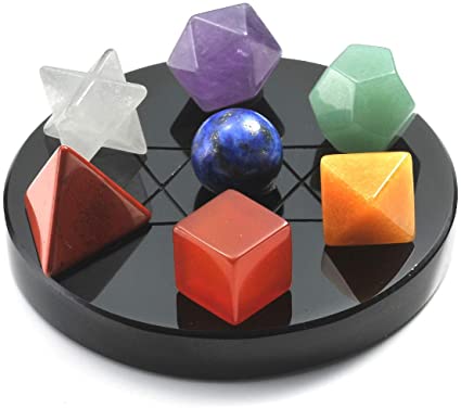 JSDDE 7 Chakra Crystal Platonic Solids Geometry with Natural Round Obsidian Stand, Healing Energy Gemstone for Meditation Decor