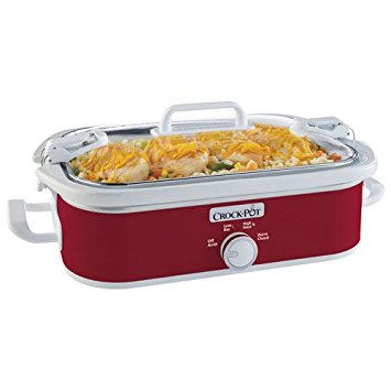 Rectangular Casserole Crock 3.5-Quart Slow Cooker with Oven Safe Removable Stoneware, Cook and Carry Lid Locking System (Red)