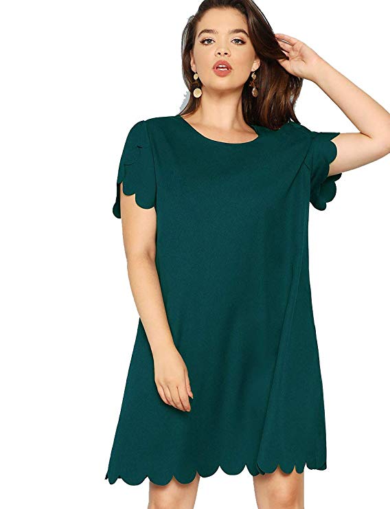 Romwe Women's Plus Size Solid Short Sleeve Scalloped Casual Loose Tunic Dress