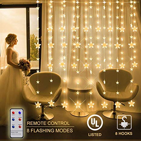 Star Curtain String Lights,144 LED Window String Lights 8 Strings with 8 Flashing Modes RF Remote Timer Decoration for Indoor, Outdoor, Christmas, Wedding, Party, Home, Patio Lawn, 6.5ft x 4.9ft (LxW)