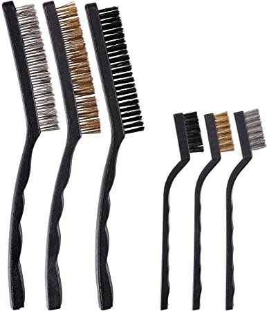 TILAX 6 Pcs Wire Brush Set, Curved Handle Metal Wire Brush Scratch Brush for Cleaning Welding Slag Rust and Dust Curved Handle, Stainless Steel, Brass and Nylon