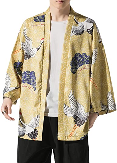 PRIJOUHE Men's Japanese Kimono Cardigan Jackets Casual Long Sleeve Open Front Coat Lightweight Yukata Outwear