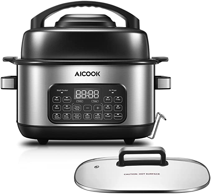 Slow Cooker Air Fryer Combo, AICOOK 12-in-1 Multicooker 6.5Qt Programmable Indoor Electric Grill for Bake/Roast/Dehydrate/Saute/Stew/Steam with Delay Start, Adjustable Temp&Time, Fry Basket, Glass Lid