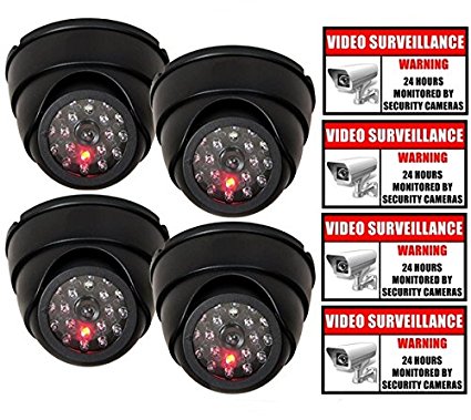 Rockmount Electronics (4 Pack) Outdoor/Indoor Dummy Security Cameras Fake Dome Surveillance Cameras Simulated Infrared LEDs with Flashing Light with (4 Pack) Security Warning Sign Decal Stickers
