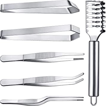 6 Pieces Fish Bone Tweezers Set Includes Stainless Steel Tongs Tweezers Fish Scale Scraper Removers Flat and Slant Tweezers Pliers for Chef Cooking Utensils, Sea Food, Beauty Tools