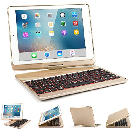 iPad 9.7 Keyboard Case, SENGBIRCH 7 Colors Backlit Bluetooth Keyboard Case Folio Smart 360 Rotate Stand Cover for iPad Air, iPad Air 2, iPad pro 9.7, iPad 9.7 2017 Tablet, Gold