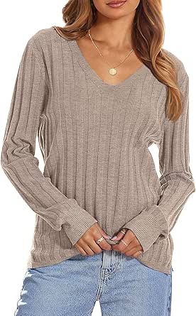 MEROKEETY Women's 2024 Fall V Neck Sweater Long Sleeve Ribbed Knit Casual Slim Fitted Pullover Top