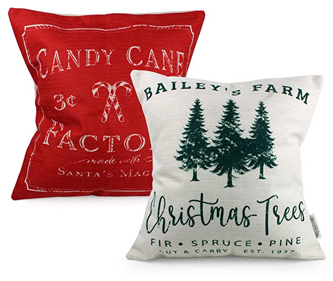 AuldHome Christmas Throw Pillow Covers (Set of 2); Christmas Tree & Candy Cane Themed Holiday Cushion Covers, 16 x 16 Inches