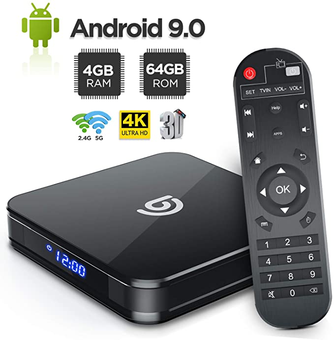 BOMAKER TV Box Android 9.0, 4GB RAM 64GB ROM, Dual WiFi 2.4/5Ghz, 4K Ultra HD, ARM Cortex-A53, Quad-core 64 bit, Supports 3D/Bluetooth 4.0 /USB 3.0/SD/LAN/HDMI/ AV/OTTICA