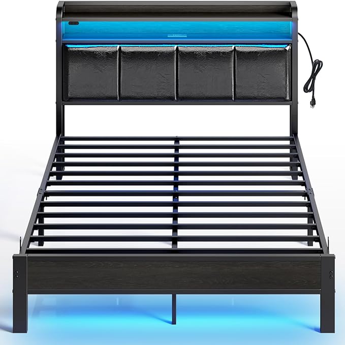 Rolanstar Bed Frame Full Size with Charging Station and LED Lights, PU Leather Headboard with Storage Shelves, Heavy Duty Metal Slats, No Box Spring Needed, Noise Free, Easy Assembly, Black