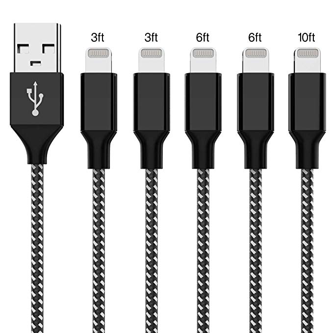 iPhone Charging Cable YJan MFi Certified Lightning Cable Nylon Braided 5 Pack[3ft 6ft 10ft] Assorted Lengths Fast Charging Cord Compatible with iPhone Xs/XS Max/XR/X/8 Plus/7 Plus/8/7/6s/6s Plus/5s