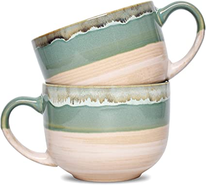 Bosmarlin Large Stoneware Coffee Mug Set of 2, Jumbo Latte Mugs for Office and Home, 16 Oz, Dishwasher and Microwave Safe(Green, 2)